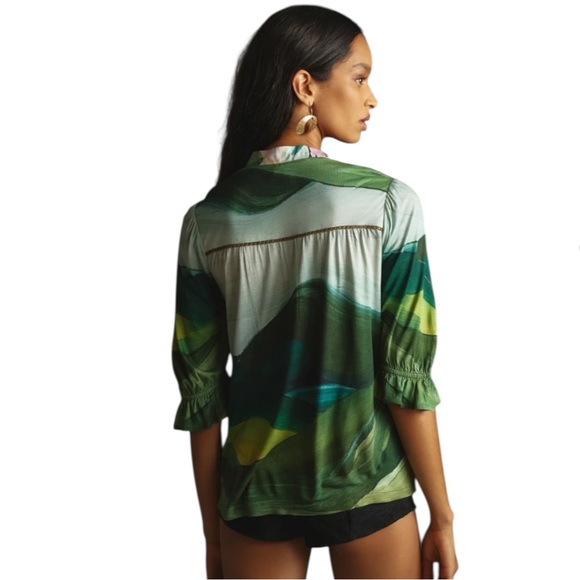 Anthropologie Green and Pink Floral Blouse - Picture 3 of 11